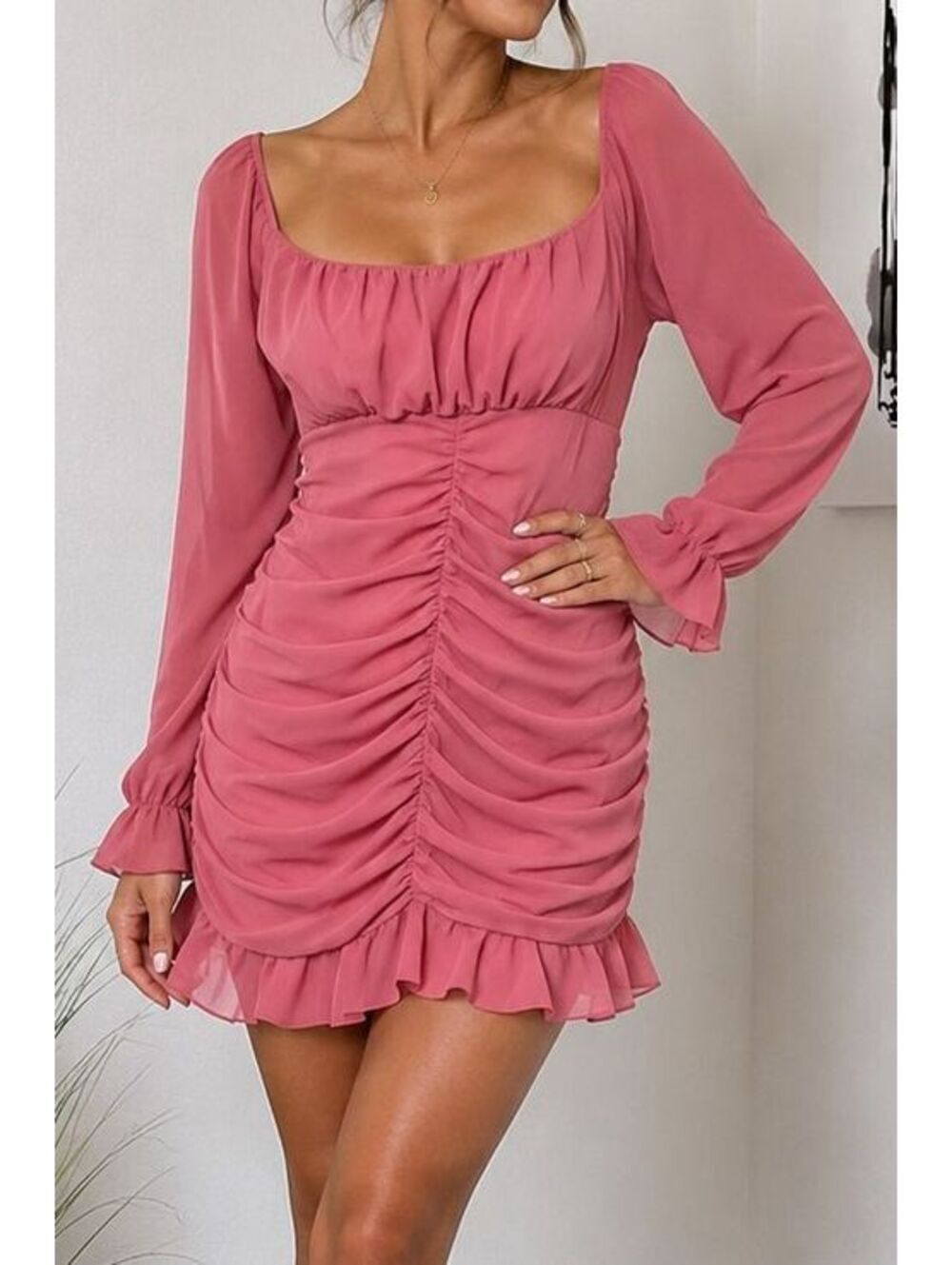 CHICME Pink Ruched Mini Dress Womens XL Long Sleeve Bodycon Ruffle Homecoming